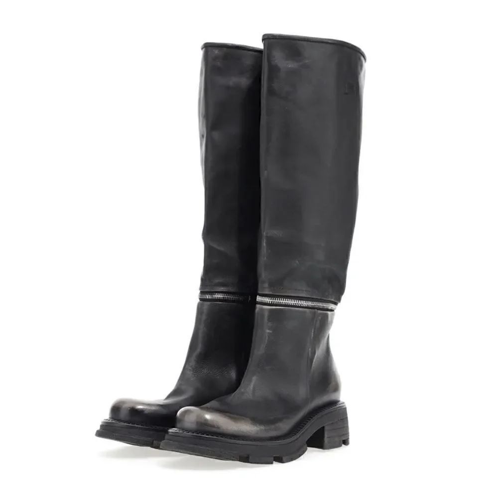 New A.S.98 Larrie Lug Sole Knee High Zip Black Boots Size 40EU/9-9.5US